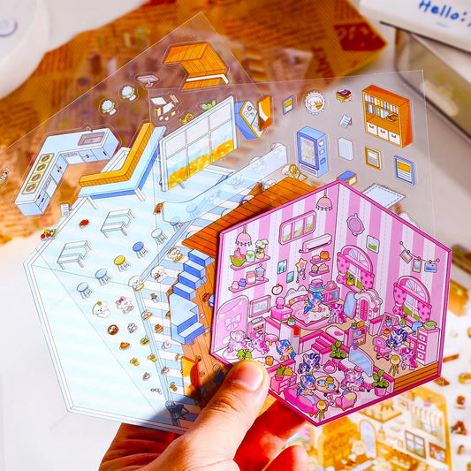 N.017 【4枚セット】きらきらポケットキャビンタウン ぷっくり3Dジオラマステッカー